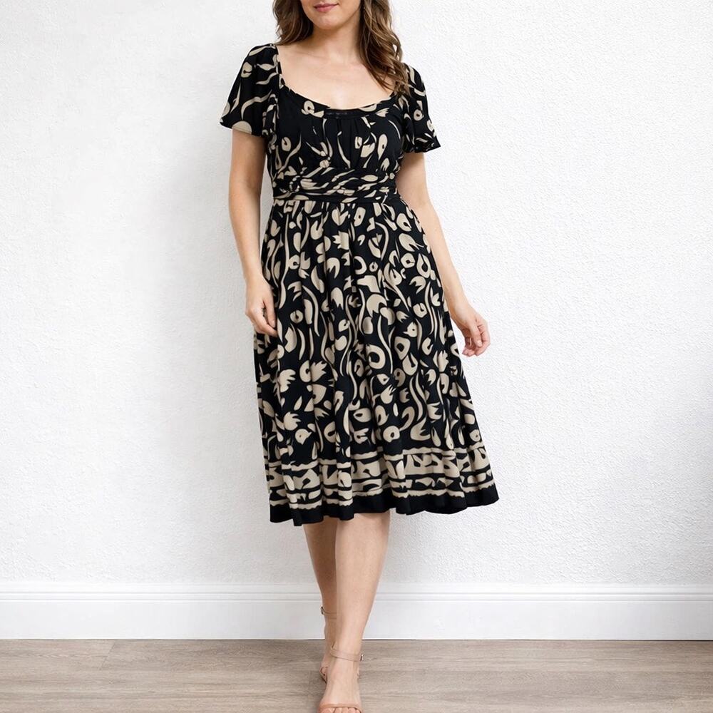 Jones New York Black Cream Floral Midi Dress Flutter Sleeve Empire Waist Sz 14